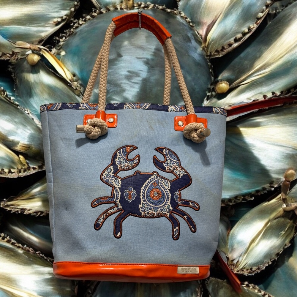 Spartina 449 Blue and Orange beach Tote Bag with Crab Design - Picture 3 of 13